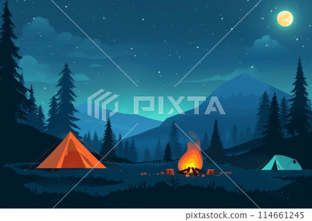 Night camping around a bonfire in the mountains 114661245