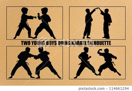 Two young boys doing karate silhouette, Two karate young boys fighters in a match, Two young boys doing karate silhouette, Two karate young boys fighters in a match, 114661294