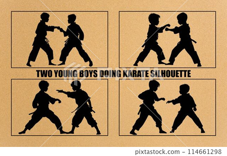 Two young boys doing karate silhouette, Two karate young boys fighters in a match, 114661298