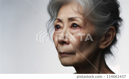 80多歲的女人流著淚，展望未來。 114661437