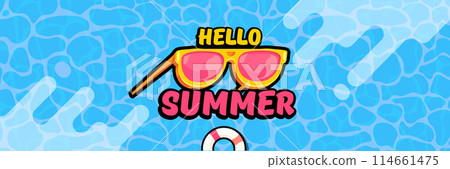 Super Hello summer vector banner with text and retro yellow sunglasses isolated on blue water background. Hello summer poster design template with cartoon sunglasses, beach, water pool , summer vibe 114661475