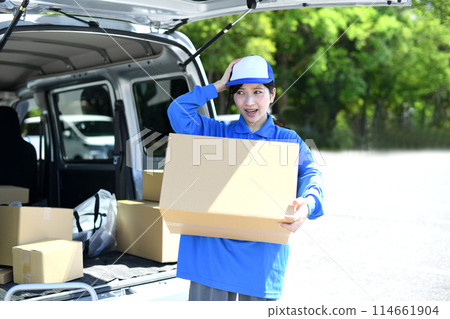 A troubled female delivery driver carrying packages outdoors A troubled female delivery driver carrying packages outdoors 114661904