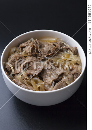 Photo of beef bowl on a black background Photo of beef bowl on a black background 114661922