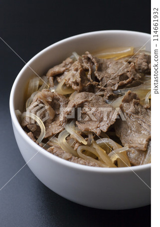 Photo of beef bowl on a black background 114661932