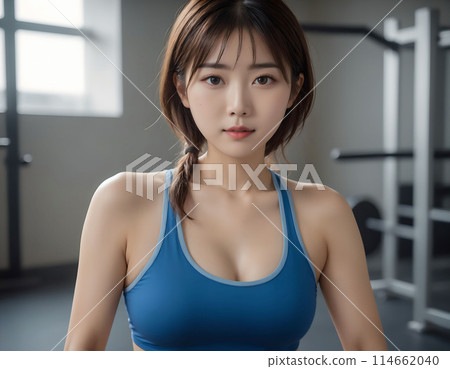 微笑的日本女人在健身房 114662040