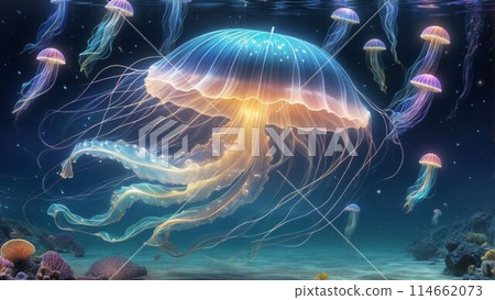 美麗的深海風景與水母游泳 美麗的深海風景與水母游泳 114662073