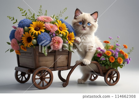 Cute kitten with a large bouquet of flowers in a cart 114662308