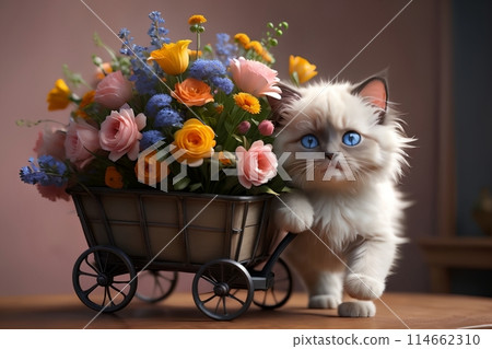 Cute kitten with a large bouquet of flowers in a cart 114662310
