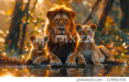 Family of lions lying by the river on the background of the forest, wildlife 114662430