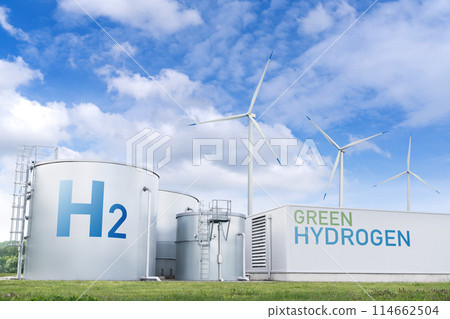 Green hydrogen factory concept. Hydrogen production from renewable energy sources. 114662504
