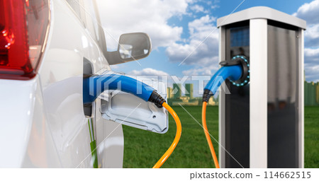 Close up of electric car with a connected charging cable on the background of green eco city.. Close up of electric car with a connected charging cable on the background of green eco city.. 114662515