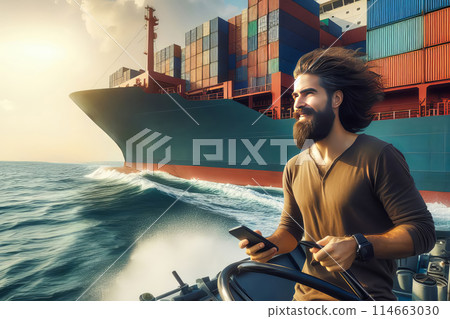 young man with a bicycle on ship in port young man with a bicycle on ship in port 114663030