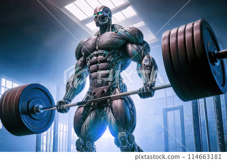 robot in the gym with a barbell 114663181