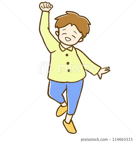 一個快樂的男孩做勇敢姿勢的插圖 114663315