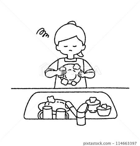 Monochrome illustration of a woman washing dishes reluctantly 114663397