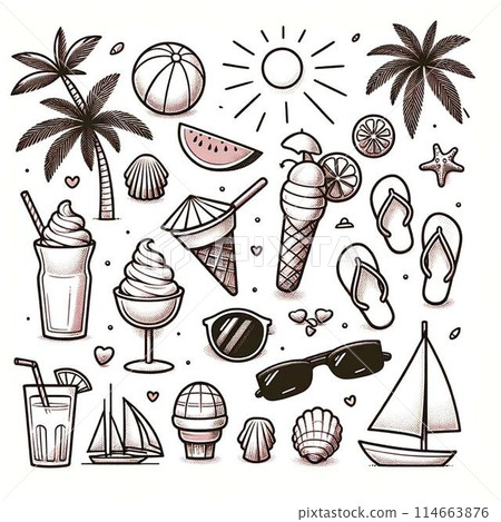 Summer simple line drawing illustration set 114663876