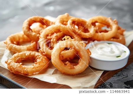 Close up of pile of fried crispy onion rings with white sauce on cutting board on grey concrete background. Tasty snack for beer Close up of pile of fried crispy onion rings with white sauce on cutting board on grey concrete background. Tasty snack for beer 114663941