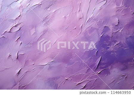 Abstract background with brushstrokes violet acrylic paint, blend of bright lilac and white colors with intricate pattern on wall create with depth and movement 114663950