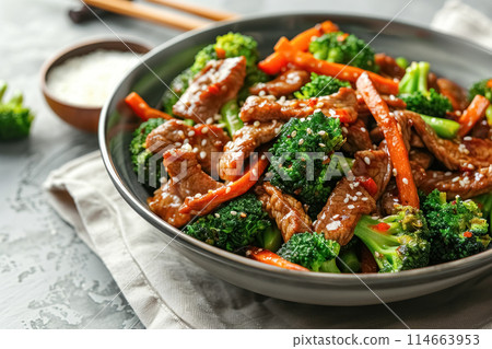 Close up of dish with broccoli, carrot and beef stir fry in bowl with chopsticks and napkin on grey concrete background, delicious asian cuisine 114663953
