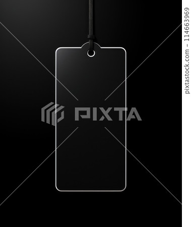 Empty, black, stylish label on rope, tag for price on minimalistic black background, concept of shopping, sales and discounts 114663969