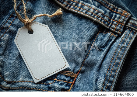 Blank, white cardboard tag on texture cloth with copy space, empty label on jeans clothes for price, name brand or sale, discount information 114664000