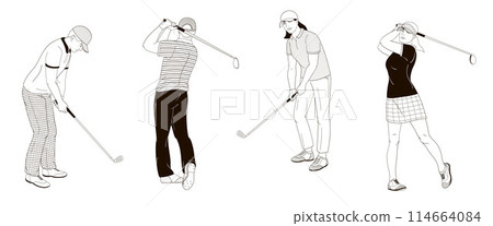 golf players male and female characters with clubs black and white outline vector illustration 114664084