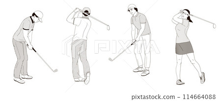 golf players African American male and female characters with clubs black and white outline vector illustration golf players African American male and female characters with clubs black and white outline vector illustration 114664088