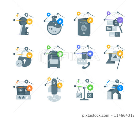 Set of images ralated to work,unlock,achievements,science,experiment,passport,search,information,protect 114664312