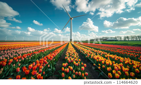 Tulip fields with wind turbines 114664620