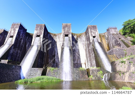 [Kagawa Prefecture] Azaleas blooming in spring at the Honenike Dam (Hoenike Weir), the first stone masonry multiple arch dam in the country 114664787