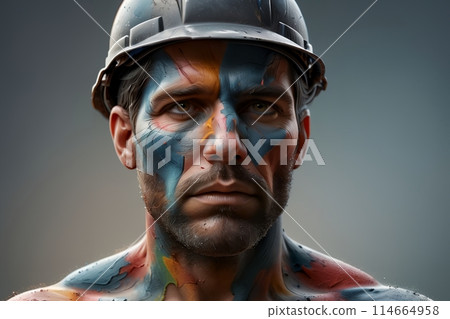 man in a construction helmet, face covered in paint, painter 114664958