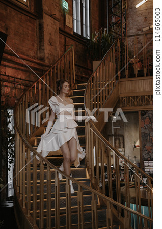 A young couple in wedding looks posing in a stylish loft bar. 114665003