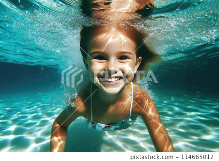 A smiling baby, girl swims under clear water with bubbles, clean light blue water 114665012