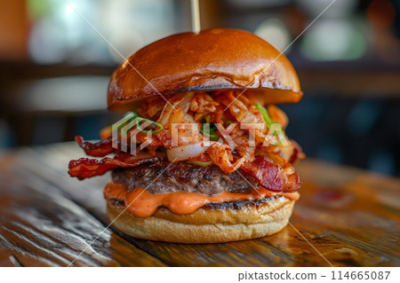 Succulent burger served in a restaurant setting with kimchi and bacon 114665087