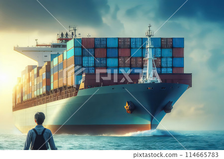 man standing on container ship man standing on container ship 114665783