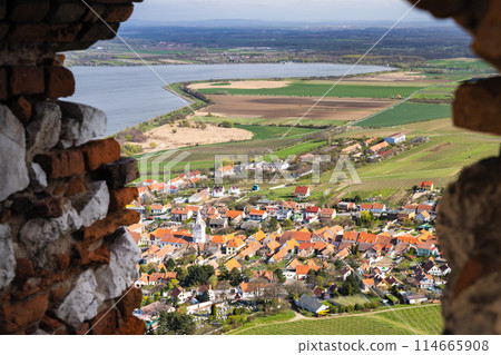 The Pavlov village with vineyards above the Nove Mlyny reservoir The Pavlov village with vineyards above the Nove Mlyny reservoir 114665908