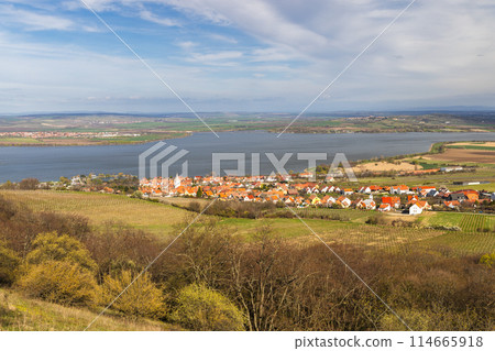 The Pavlov village with vineyards at the Nove Mlyny reservoir. The Pavlov village with vineyards at the Nove Mlyny reservoir. 114665918