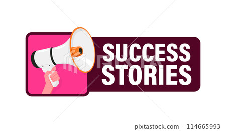 Success stories. Hand hold megaphone speaker for announce. Attention please. Shouting people, advertisement speech symbol Success stories. Hand hold megaphone speaker for announce. Attention please. Shouting people, advertisement speech symbol 114665993
