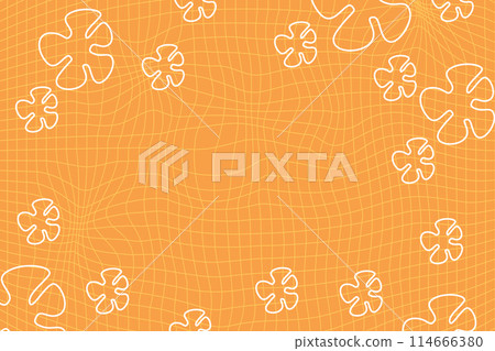 Orange retro psychedelic checkerboard pattern with flowers. Groovy funky background. Stock vector illustration isolated on white background in flat old school style. 114666380