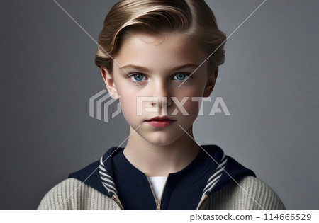 Stunning portrait of a young boy with piercing blue eyes 114666529