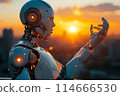Contemplate the future with this stunning AI robot against a fiery sunset 114666530