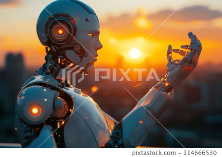 Contemplate the future with this stunning AI robot against a fiery sunset 114666530