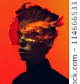 Surreal portrait of a figure with vibrant fish overlay, against a fiery orange backdrop 114666533