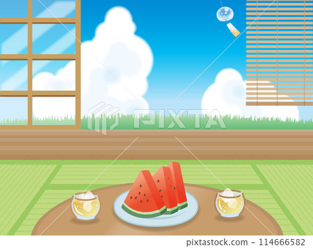 Tatami room and watermelon, summer blue sky and cumulonimbus clouds seen from the veranda (horizontal) 114666582