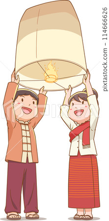 Male and female cartoon characters floating lantern in Yee Peng floating lantern festival, Thailand. 114666626