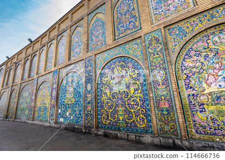 Intricate Persian tile artwork at the Golestan Palace in Tehran. 114666736