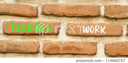 Flexible work symbol. Concept words Flexible work on beautiful brick wall. Beautiful red brown brick wall background. Business Flexible work concept. Copy space. Flexible work symbol. Concept words Flexible work on beautiful brick wall. Beautiful red brown brick wall background. Business Flexible work concept. Copy space. 114666787
