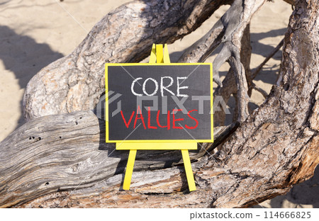 Core values symbol. Concept words Core values on beautiful black yellow blackboard. Beautiful tree background. Business value and core values concept. Copy space. 114666825