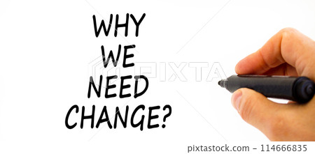 Why we need change symbol. Concept words Why we need change on beautiful white paper. Beautiful white background. Voter hand. Business why we need change concept. Copy space. 114666835