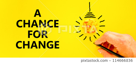 A chance for change symbol. Concept words A chance for change on beautiful yellow paper. Beautiful yellow background. Yellow light bulb icon. Voter hand. Business chance for change concept. Copy space 114666836